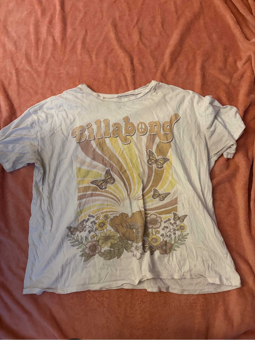 Billabong White Tee with Yellow & Brown Retro Floral Graphic